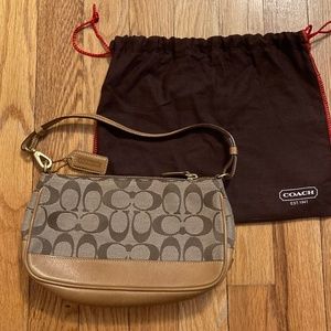 Coach shoulder bag, leather accents, brown / tan, excellent condition